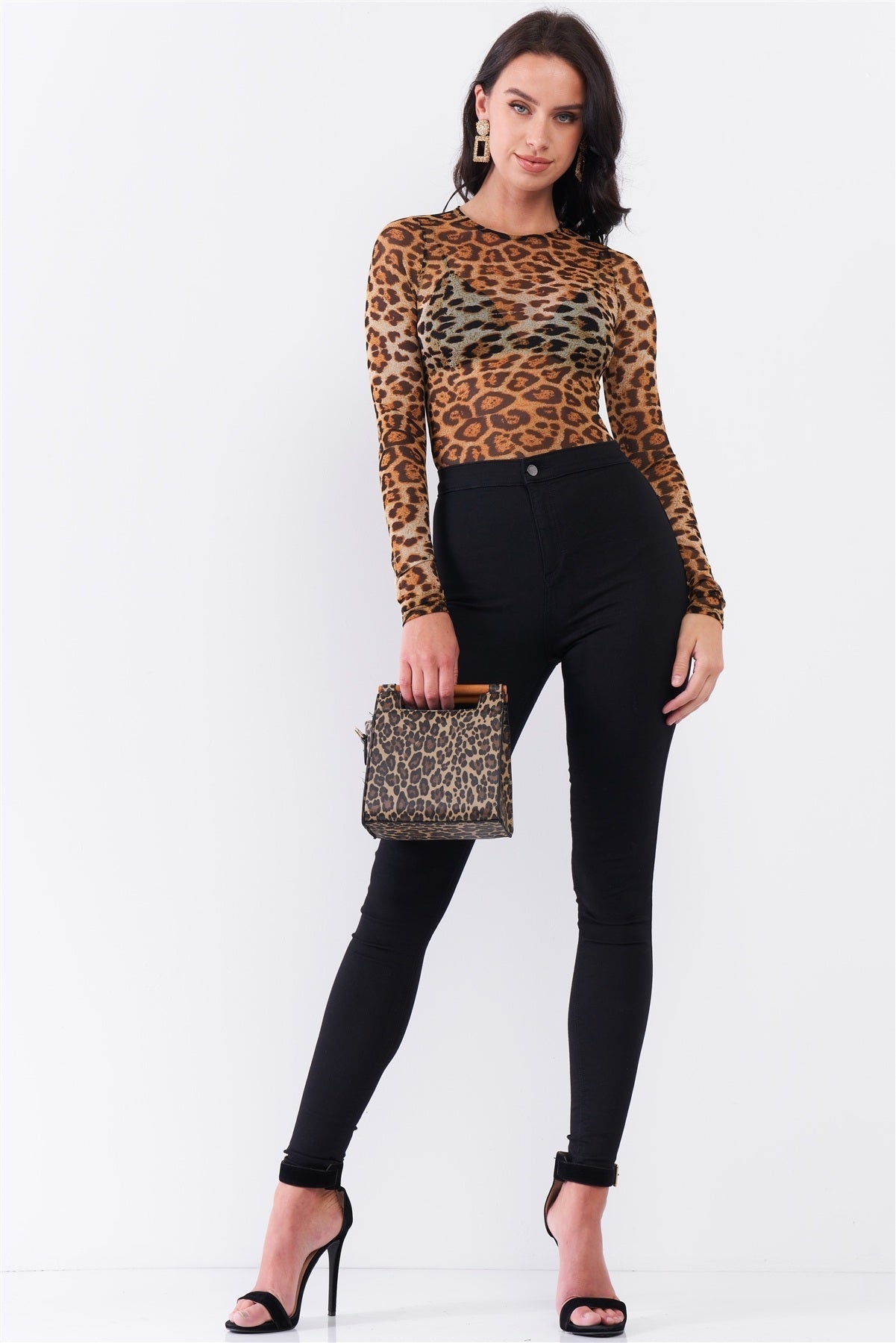 Brown Leopard Print Sheer Mesh Crew Neck Long Sleeve Bodysuit Look Up Deals