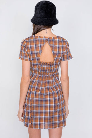 Brown Multi Checkered Stripe Casual Open Back Vintage Mini Dress Look Up Deals