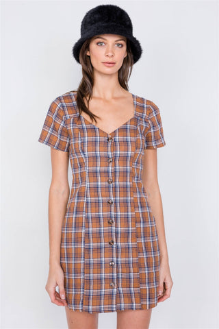 Brown Multi Checkered Stripe Casual Open Back Vintage Mini Dress Look Up Deals