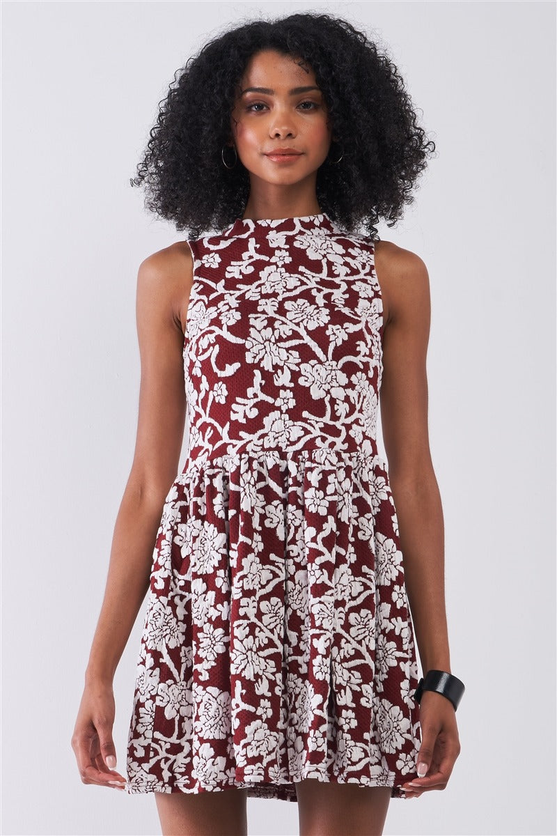 Burgundy & White Floral Crew Neck Sleeveless Fitted Mini Dress Look Up Deals