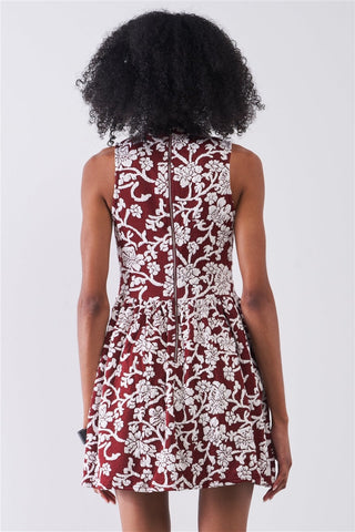 Burgundy & White Floral Crew Neck Sleeveless Fitted Mini Dress Look Up Deals