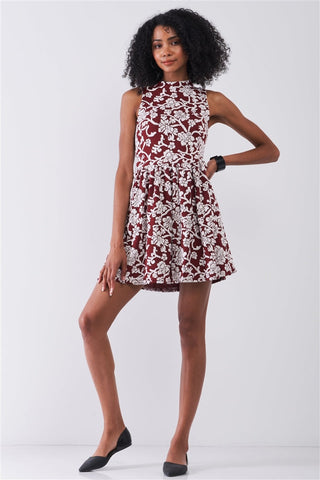 Burgundy & White Floral Crew Neck Sleeveless Fitted Mini Dress Look Up Deals