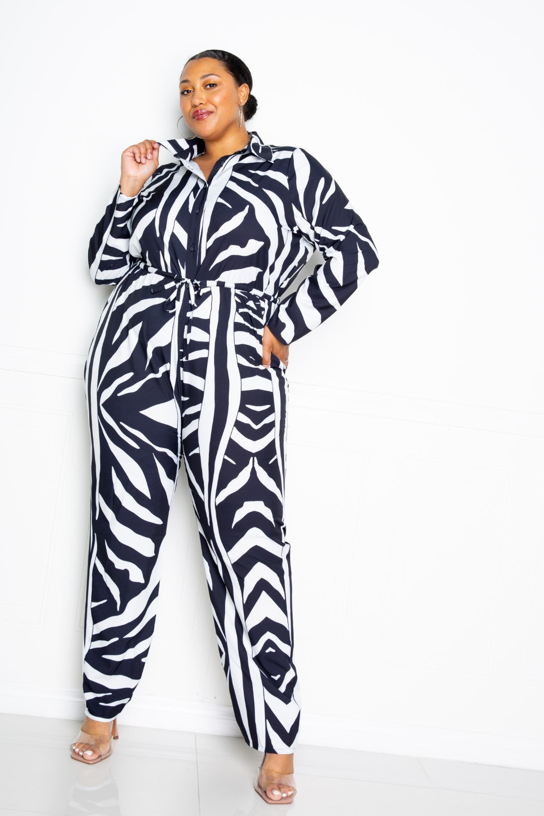 Button Up Long Sleeve  Jumpsuit Look Up Deals