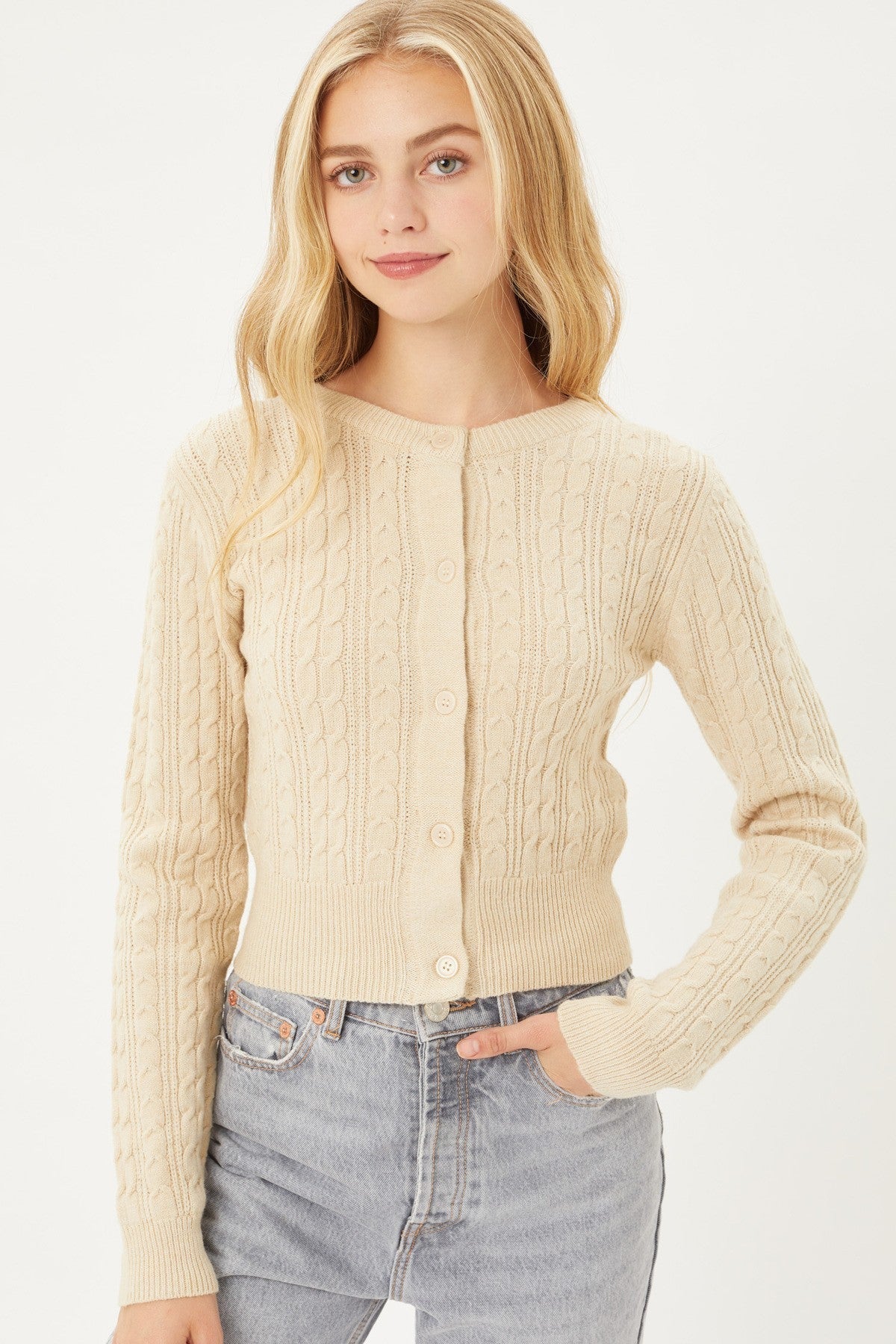 Buttoned Cable Knit Cardigan Long Sleeve Sweater Look Up Deals