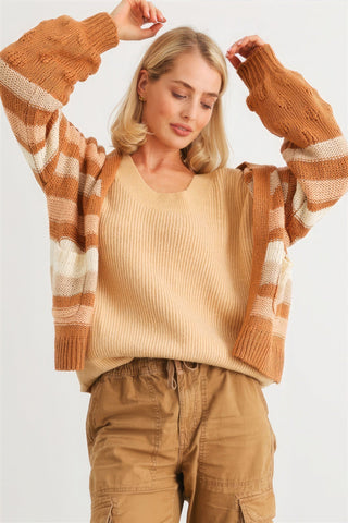 Camel Striped Crochet Knit Two Pocket Open Front Cardigan Look Up Deals