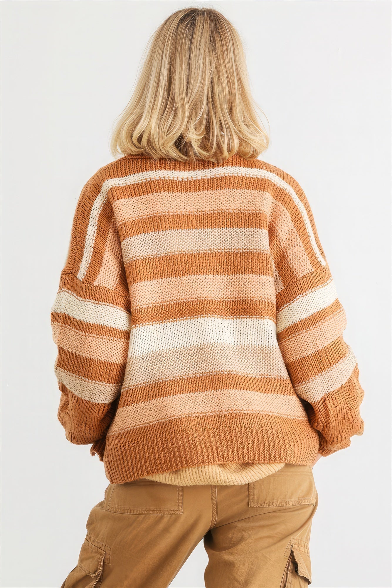 Camel Striped Crochet Knit Two Pocket Open Front Cardigan Look Up Deals