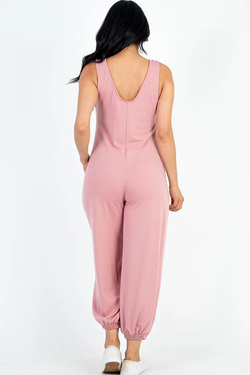 Casual Solid French Terry Sleeveless Scoop Neck Front Pocket Jumpsuit Look Up Deals