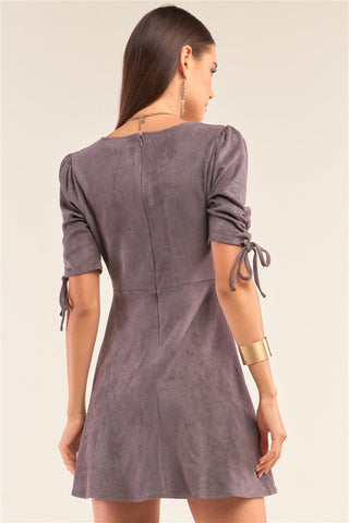 Charcoal Grey Suede Deep Plunge V-neck Gathered Detail Tight Fit Mini Dress Look Up Deals