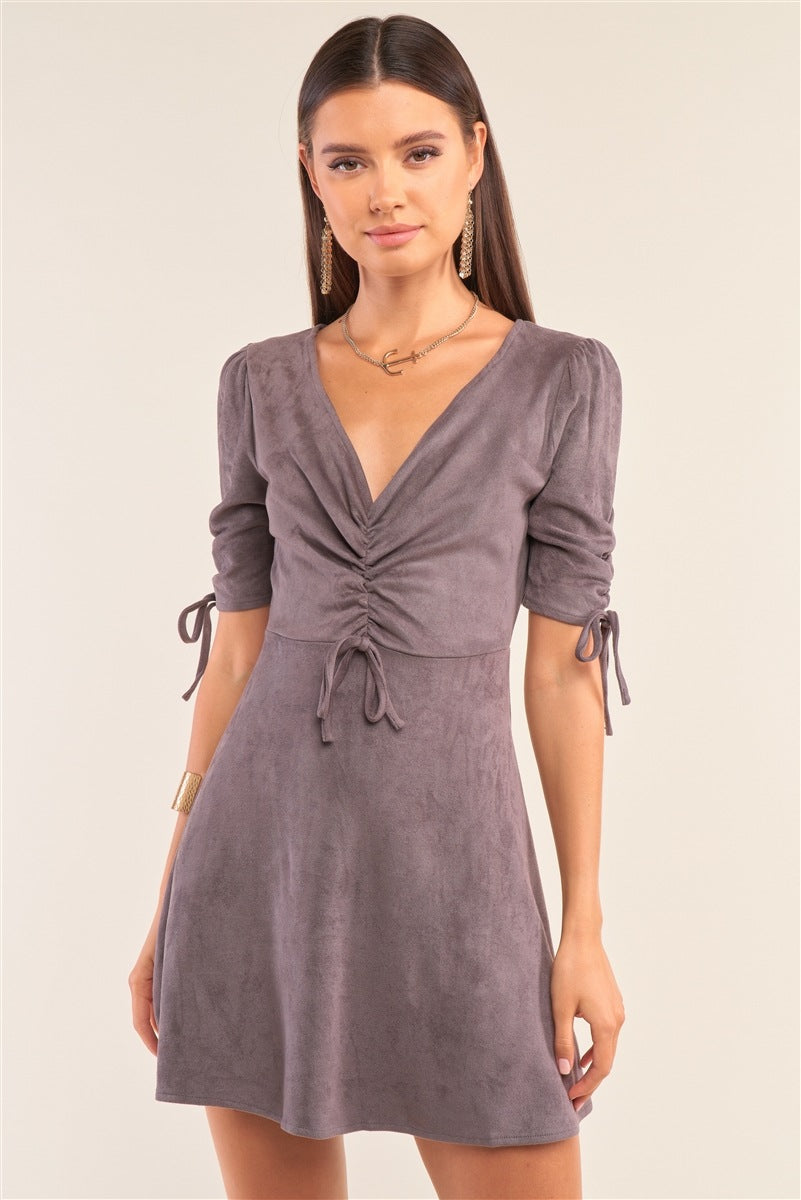 Charcoal Grey Suede Deep Plunge V-neck Gathered Detail Tight Fit Mini Dress Look Up Deals