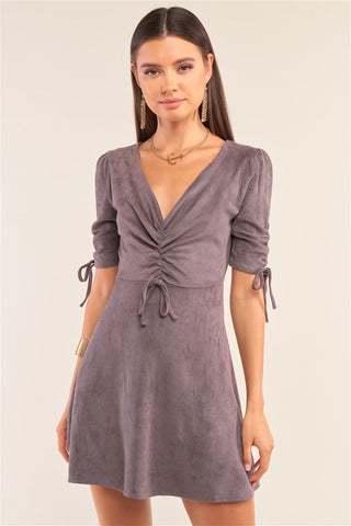 Charcoal Grey Suede Deep Plunge V-neck Gathered Detail Tight Fit Mini Dress Look Up Deals