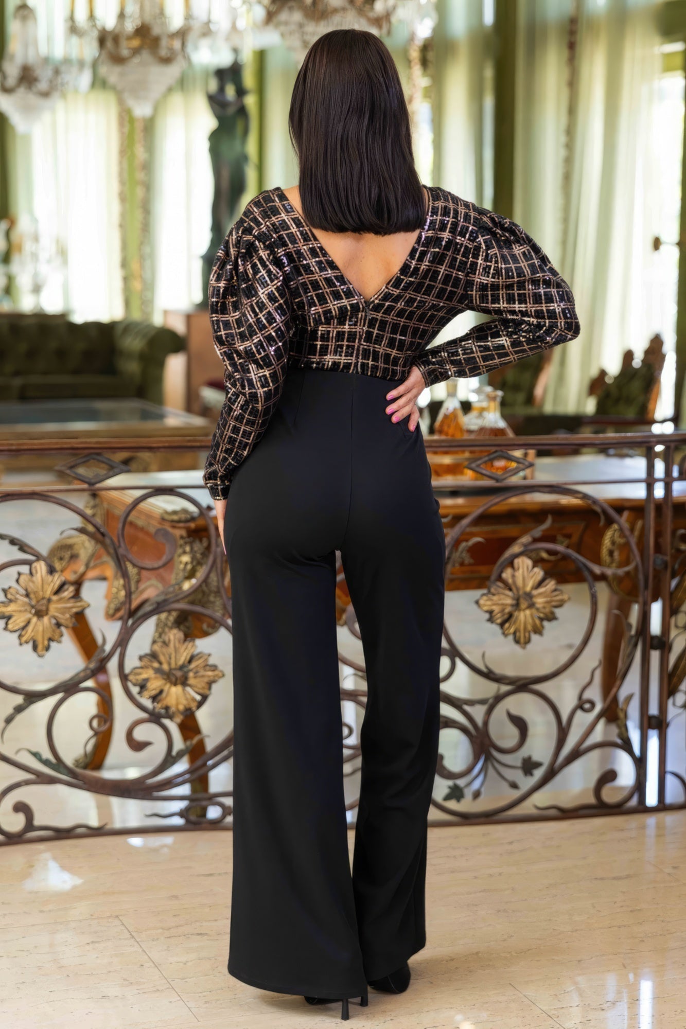 Checker Print Sequin Fashion Jumpsuit Look Up Deals