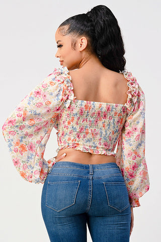 Chic Floral Sweetheart Smocked Body Blouse Top Look Up Deals