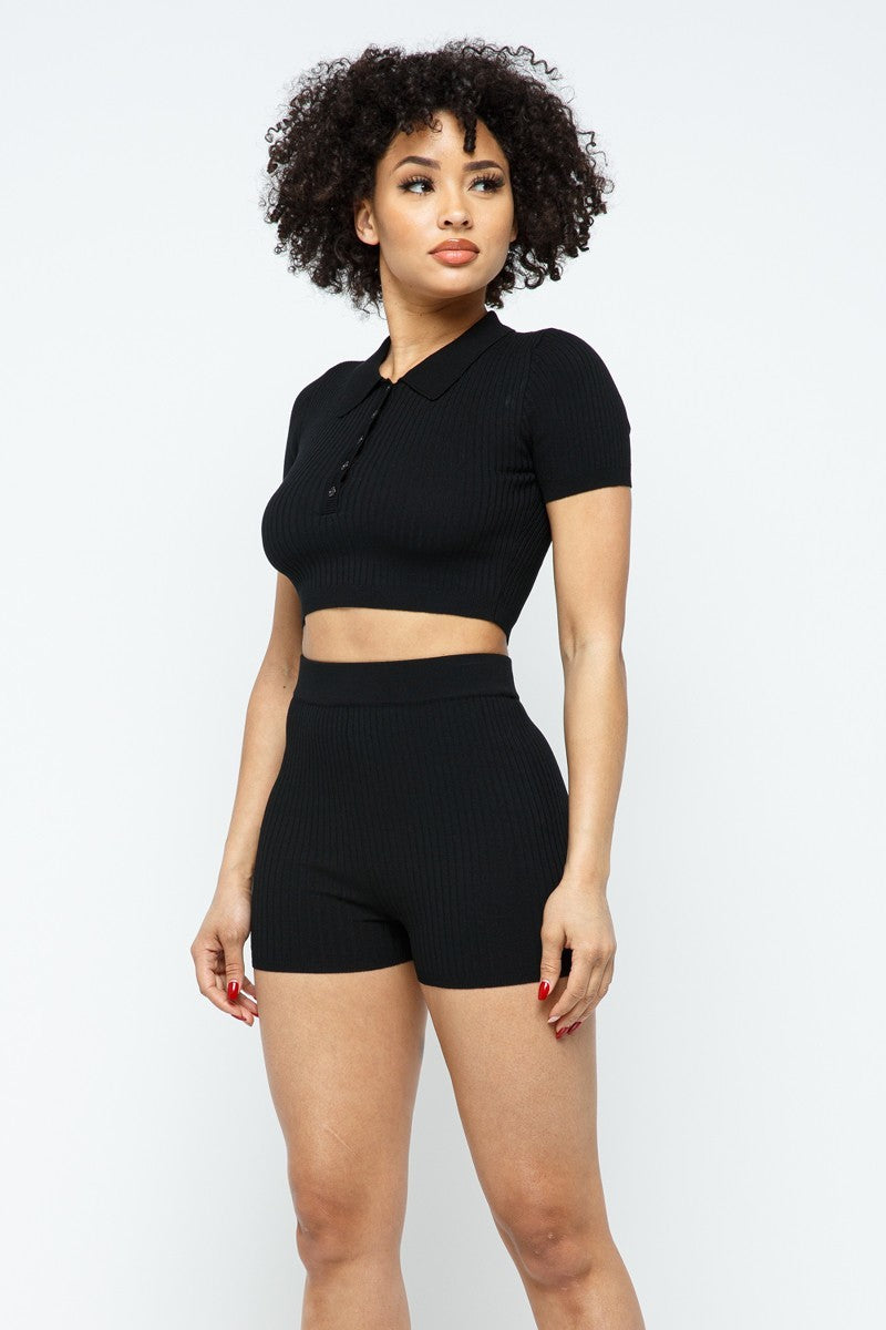 Collar Crop Top + Shorts Set Look Up Deals