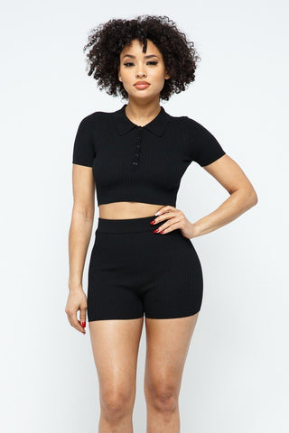 Collar Crop Top + Shorts Set Look Up Deals