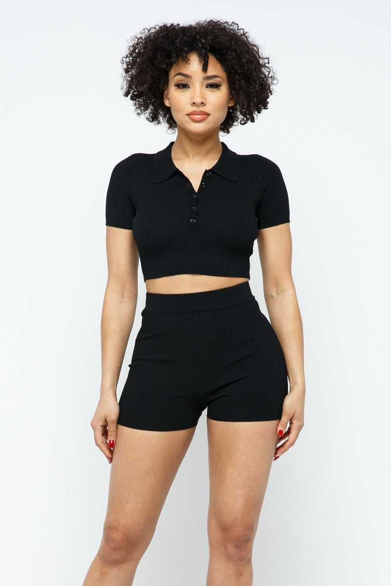 Collar Crop Top + Shorts Set Look Up Deals