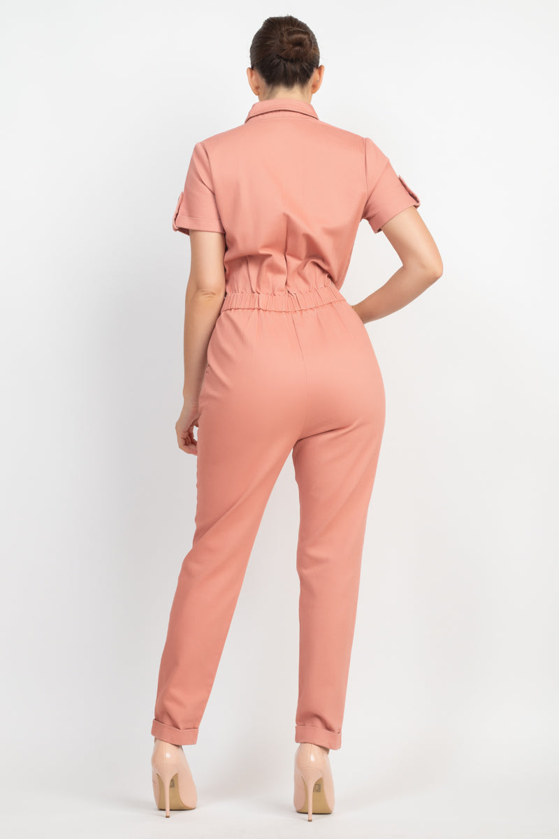 Collared Button-front Jumpsuit Look Up Deals