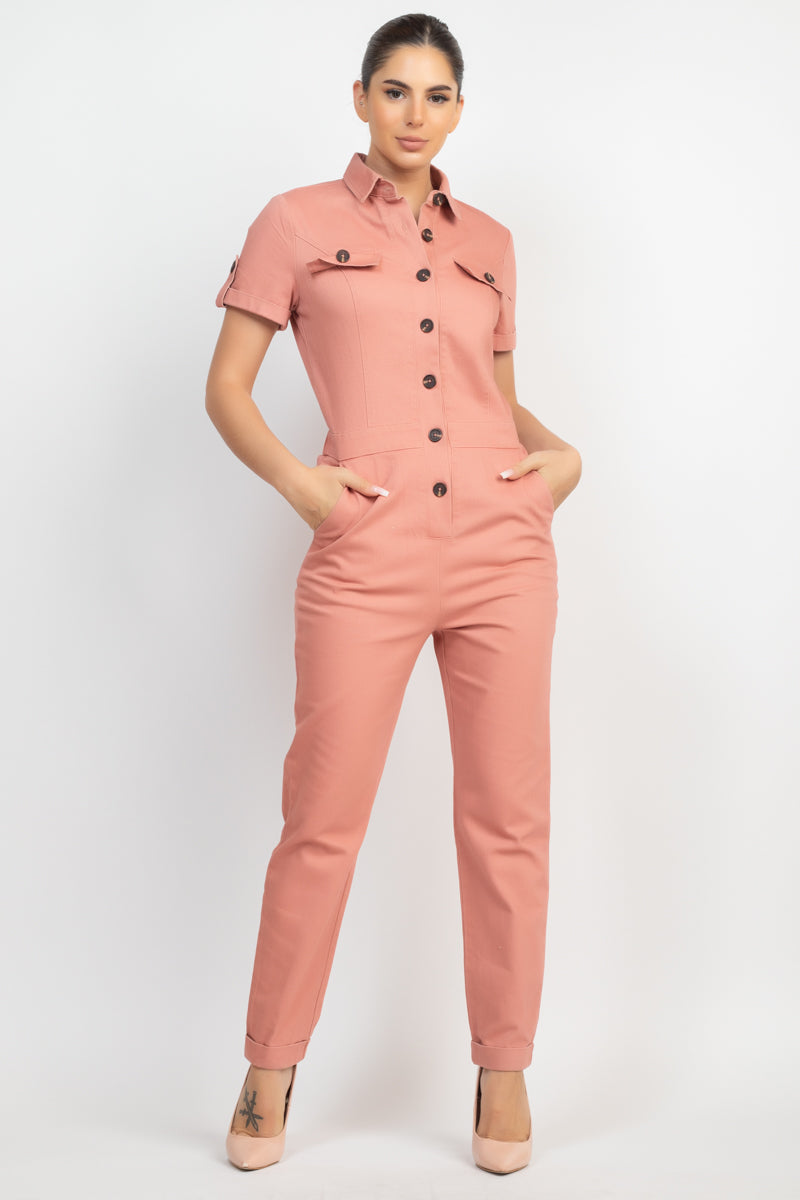 Collared Button-front Jumpsuit Look Up Deals