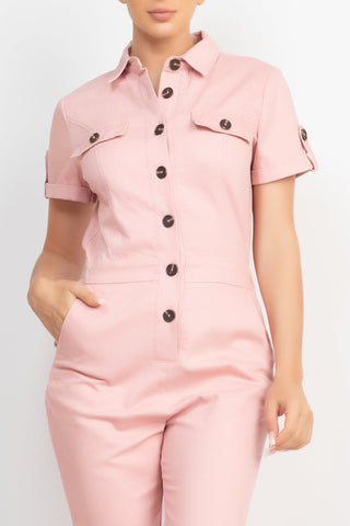 Collared Button-front Jumpsuit Look Up Deals