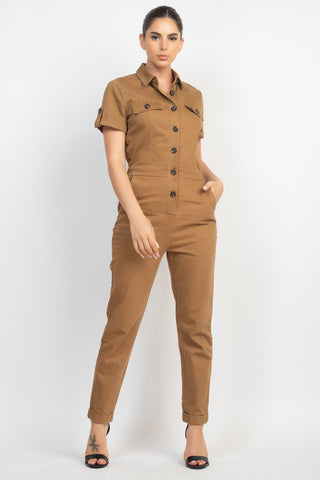 Collared Button-front Jumpsuit Look Up Deals