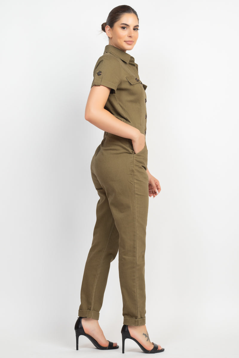 Collared Button-front Jumpsuit Look Up Deals