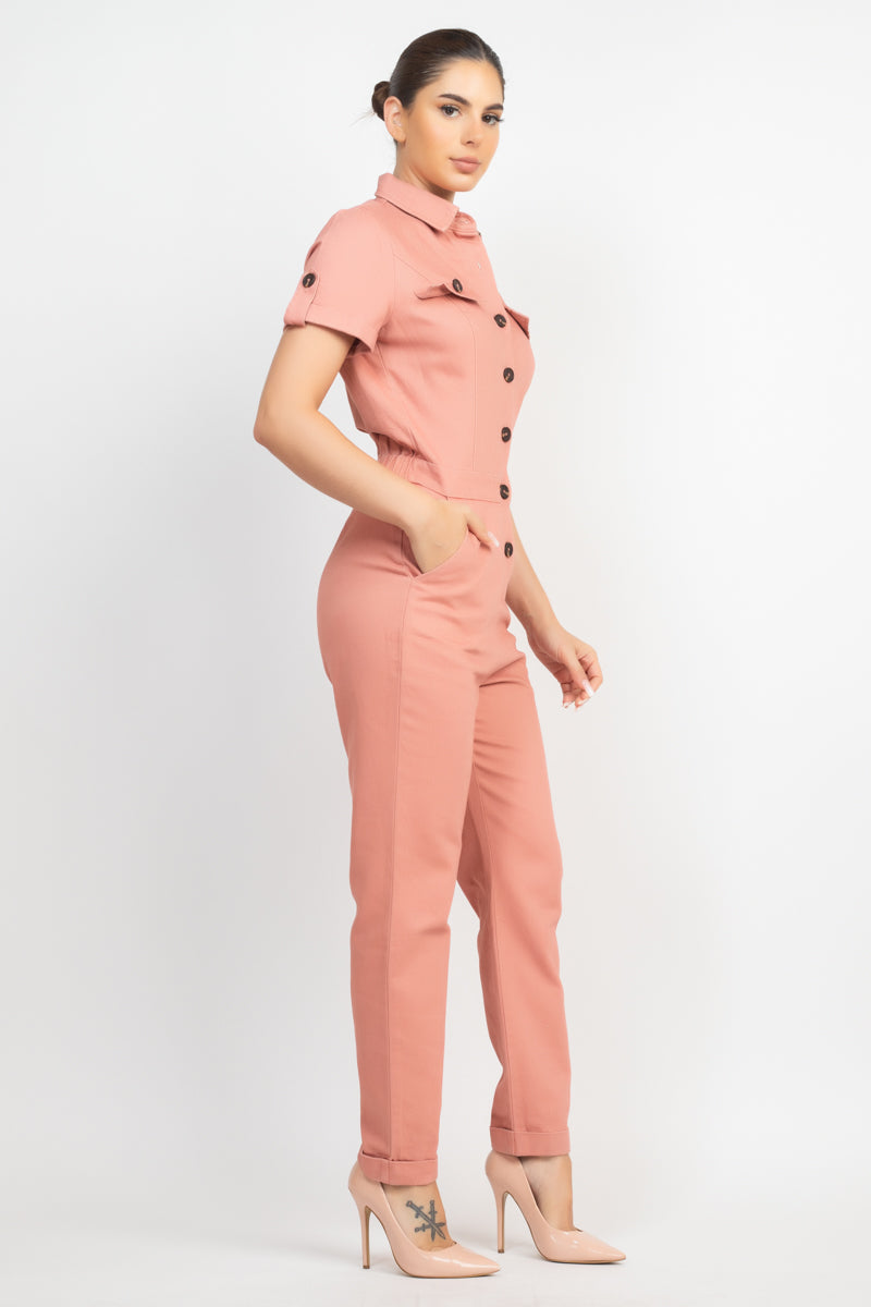 Collared Button-front Jumpsuit Look Up Deals