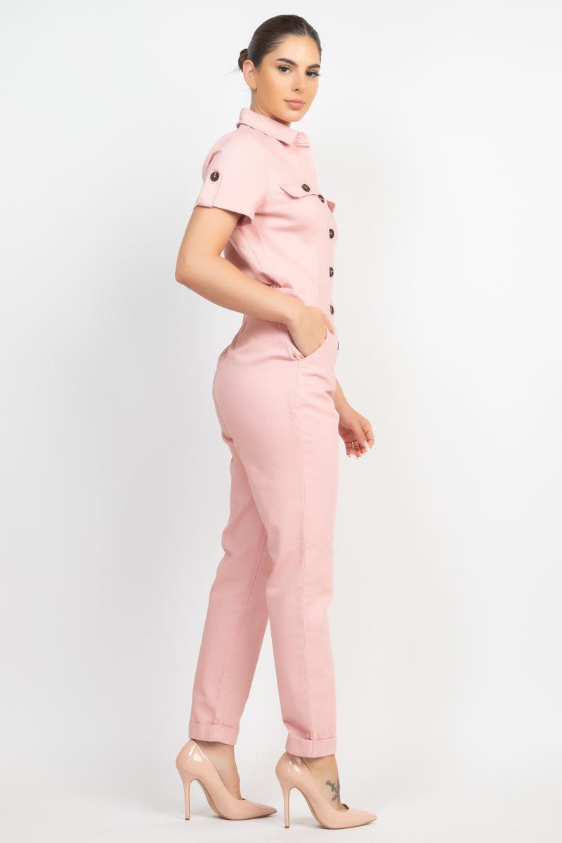 Collared Button-front Jumpsuit Look Up Deals