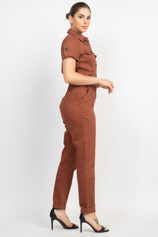 Collared Button-front Jumpsuit Look Up Deals