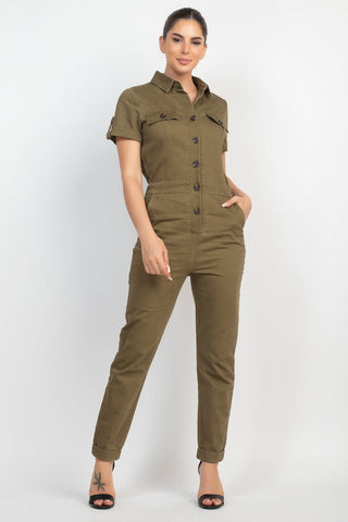 Collared Button-front Jumpsuit Look Up Deals