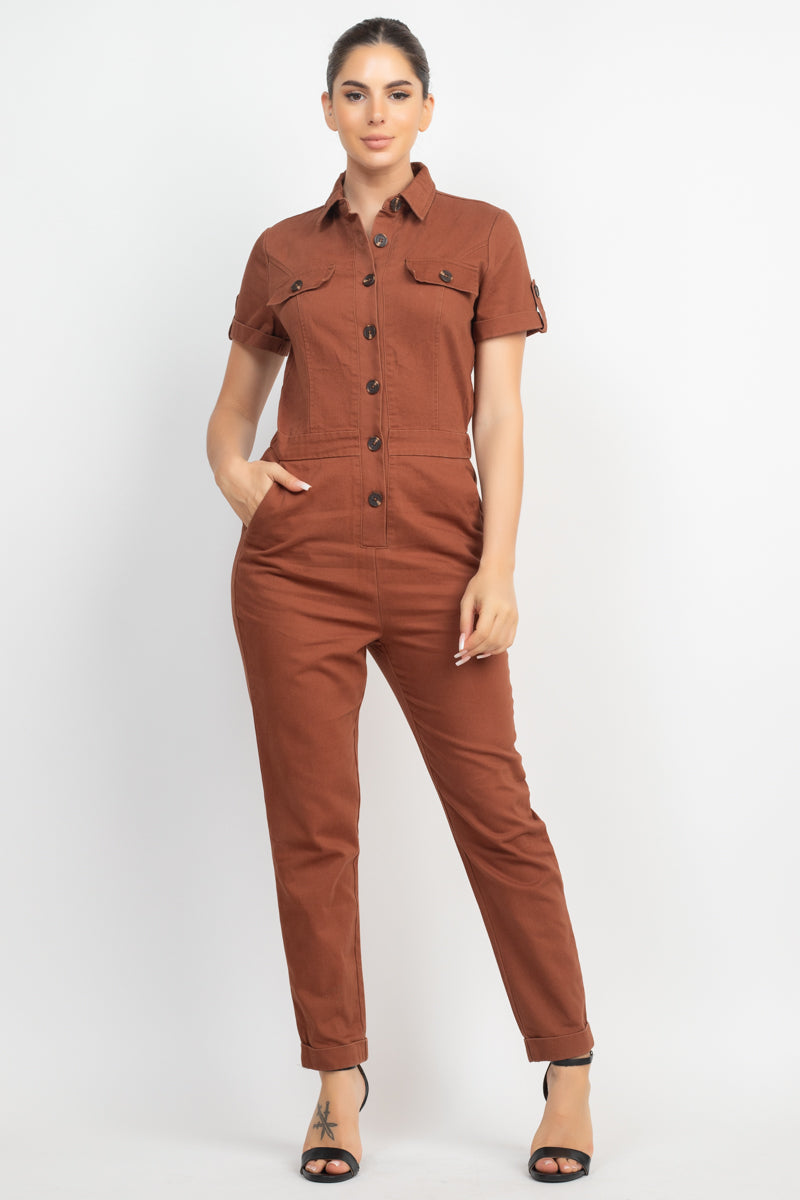 Collared Button-front Jumpsuit Look Up Deals