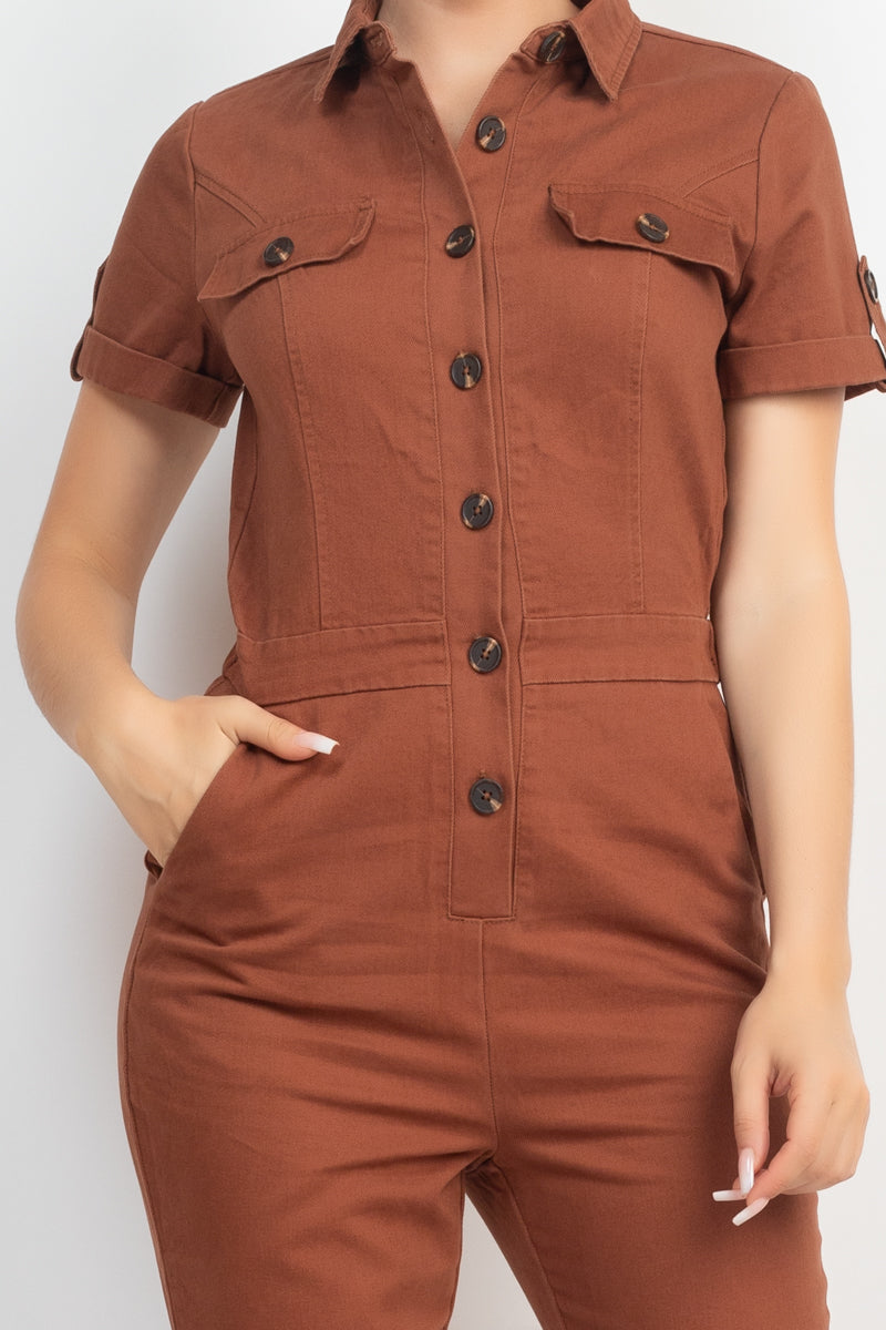 Collared Button-front Jumpsuit Look Up Deals