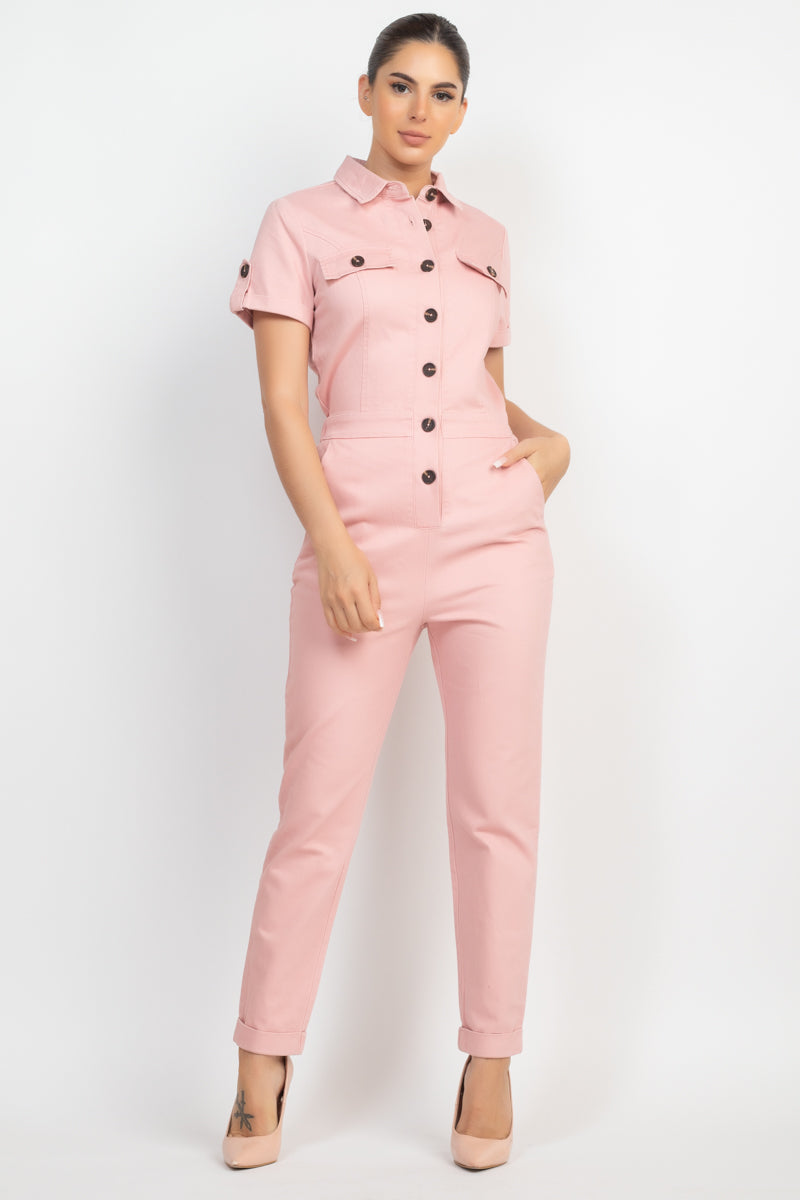 Collared Button-front Jumpsuit Look Up Deals