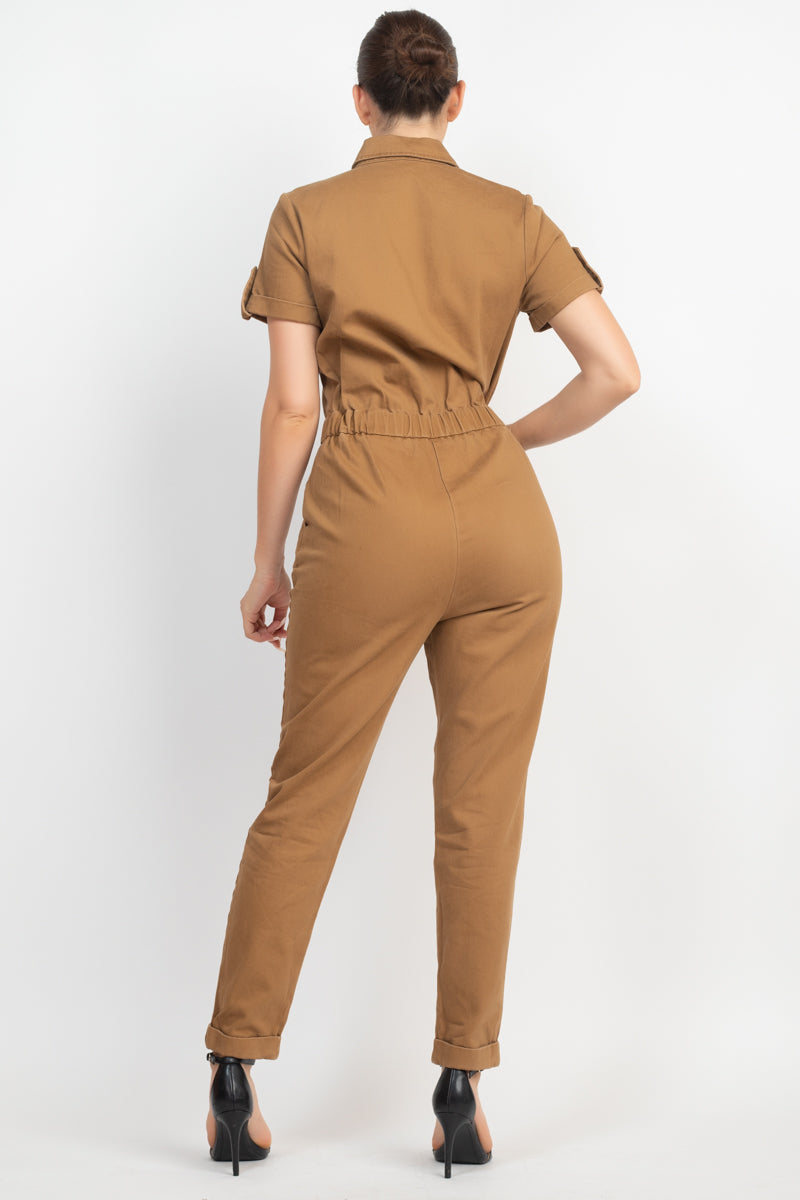 Collared Button-front Jumpsuit Look Up Deals