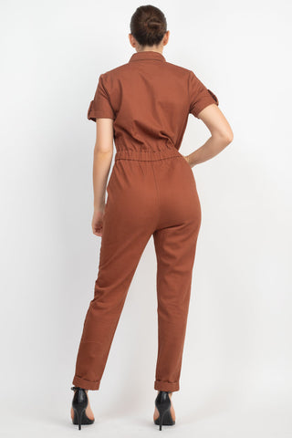 Collared Button-front Jumpsuit Look Up Deals