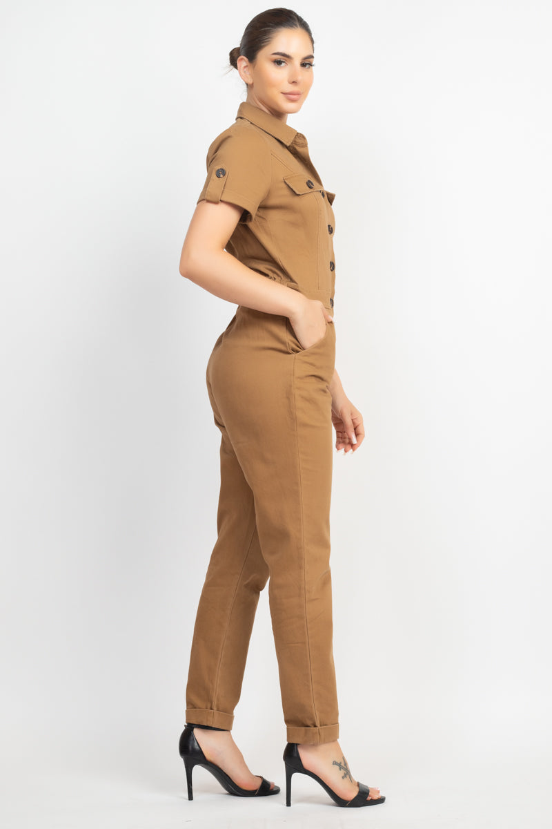 Collared Button-front Jumpsuit Look Up Deals