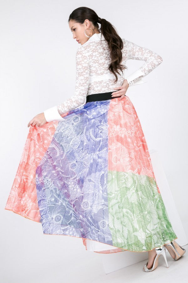 Color Block Pleated Maxi Skirt Look Up Deals