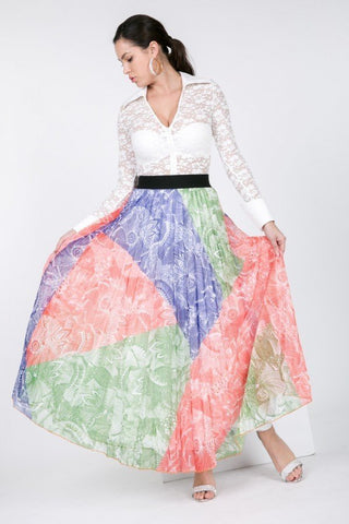 Color Block Pleated Maxi Skirt Look Up Deals