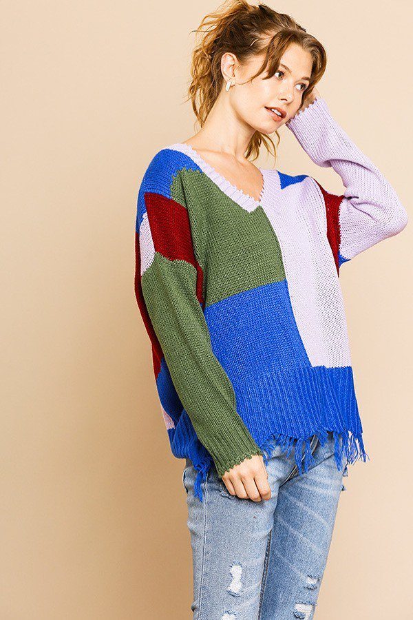 Color Blocked Long Sleeve V-neck Knit Pullover Sweater Look Up Deals