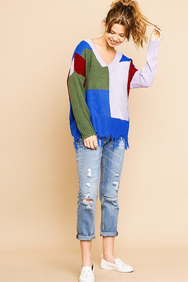 Color Blocked Long Sleeve V-neck Knit Pullover Sweater Look Up Deals