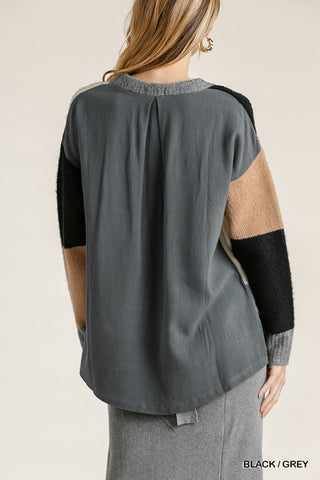 Colorblock Contrasted Cotton Fabric On Back Top With Side Slits And High Low Hem Look Up Deals