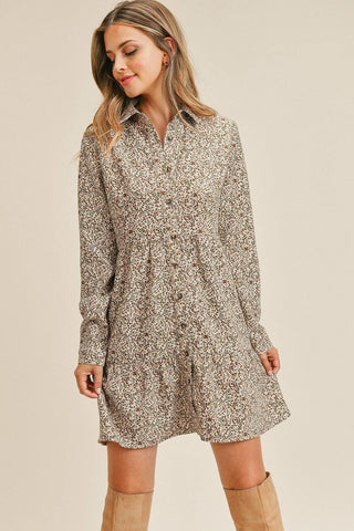 Corduroy Printed Button Down Front Collar Long Sleeve Dress Look Up Deals