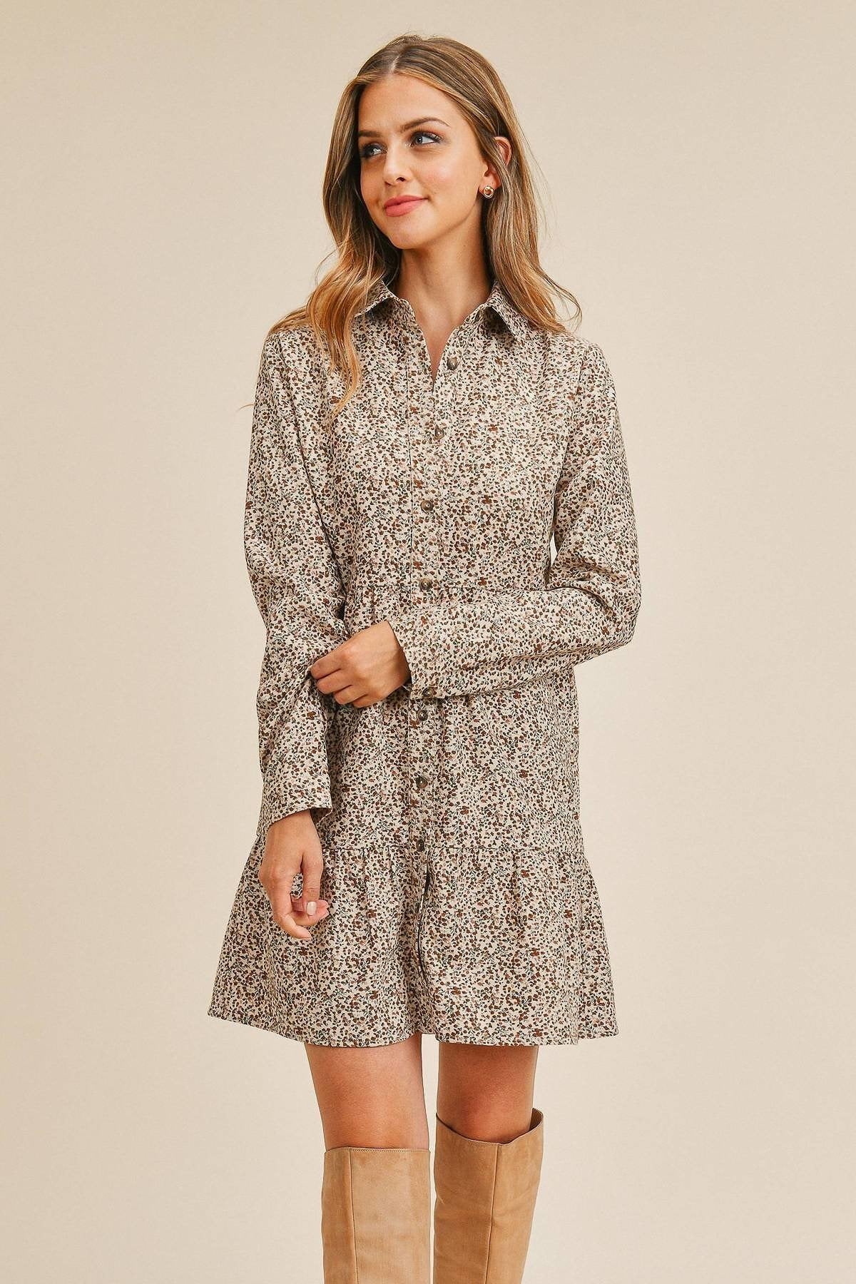 Corduroy Printed Button Down Front Collar Long Sleeve Dress Look Up Deals