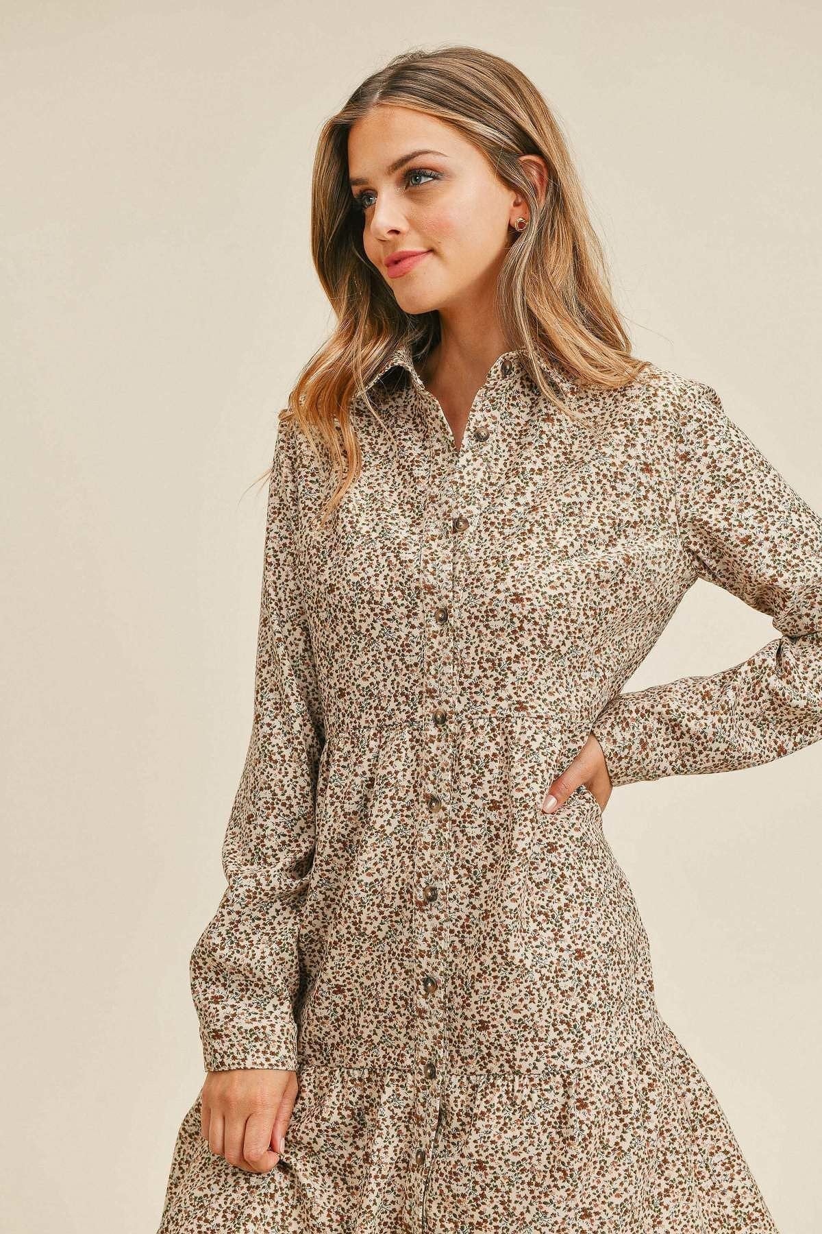 Corduroy Printed Button Down Front Collar Long Sleeve Dress Look Up Deals