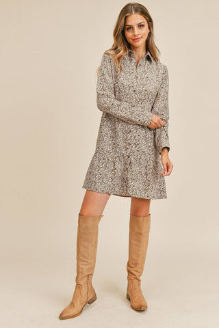 Corduroy Printed Button Down Front Collar Long Sleeve Dress Look Up Deals