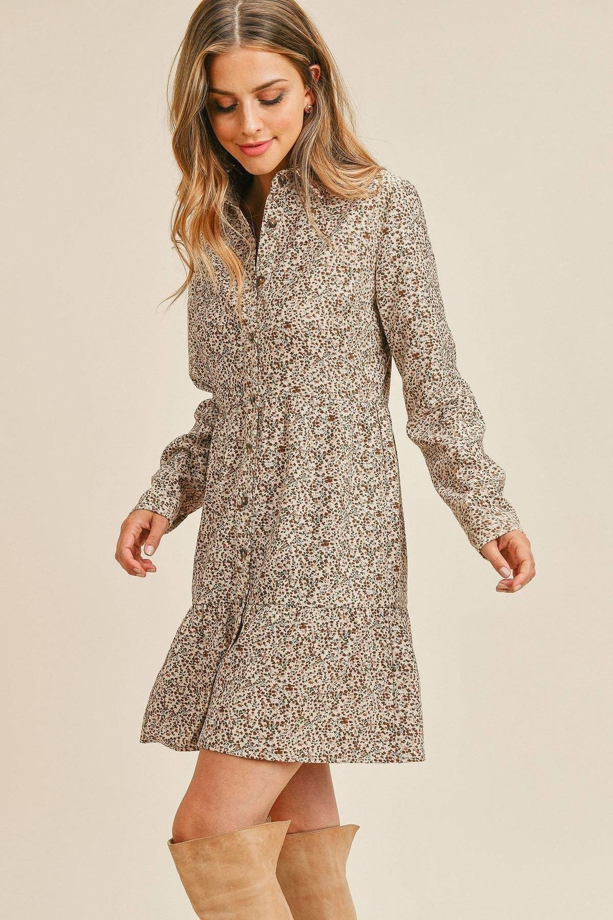 Corduroy Printed Button Down Front Collar Long Sleeve Dress Look Up Deals