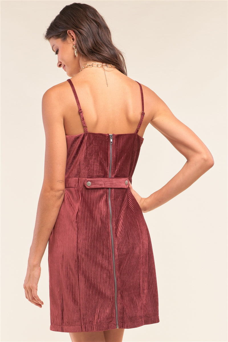 Cranberry Red Corduroy Sleeveless Square Neck Tight Fit Mini Dress Look Up Deals