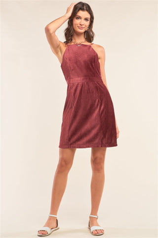 Cranberry Red Corduroy Sleeveless Square Neck Tight Fit Mini Dress Look Up Deals