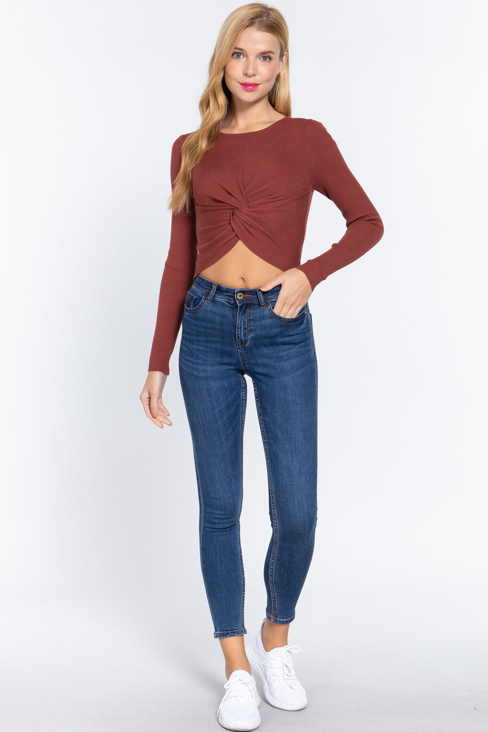 Crew Neck Knotted Crop Sweater Look Up Deals