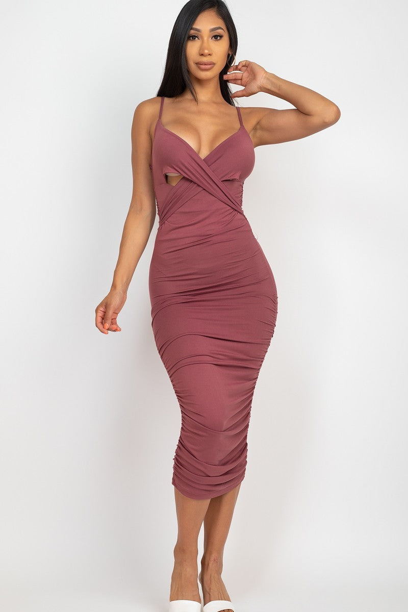 Cross Wrap Ruched Midi Dress Look Up Deals