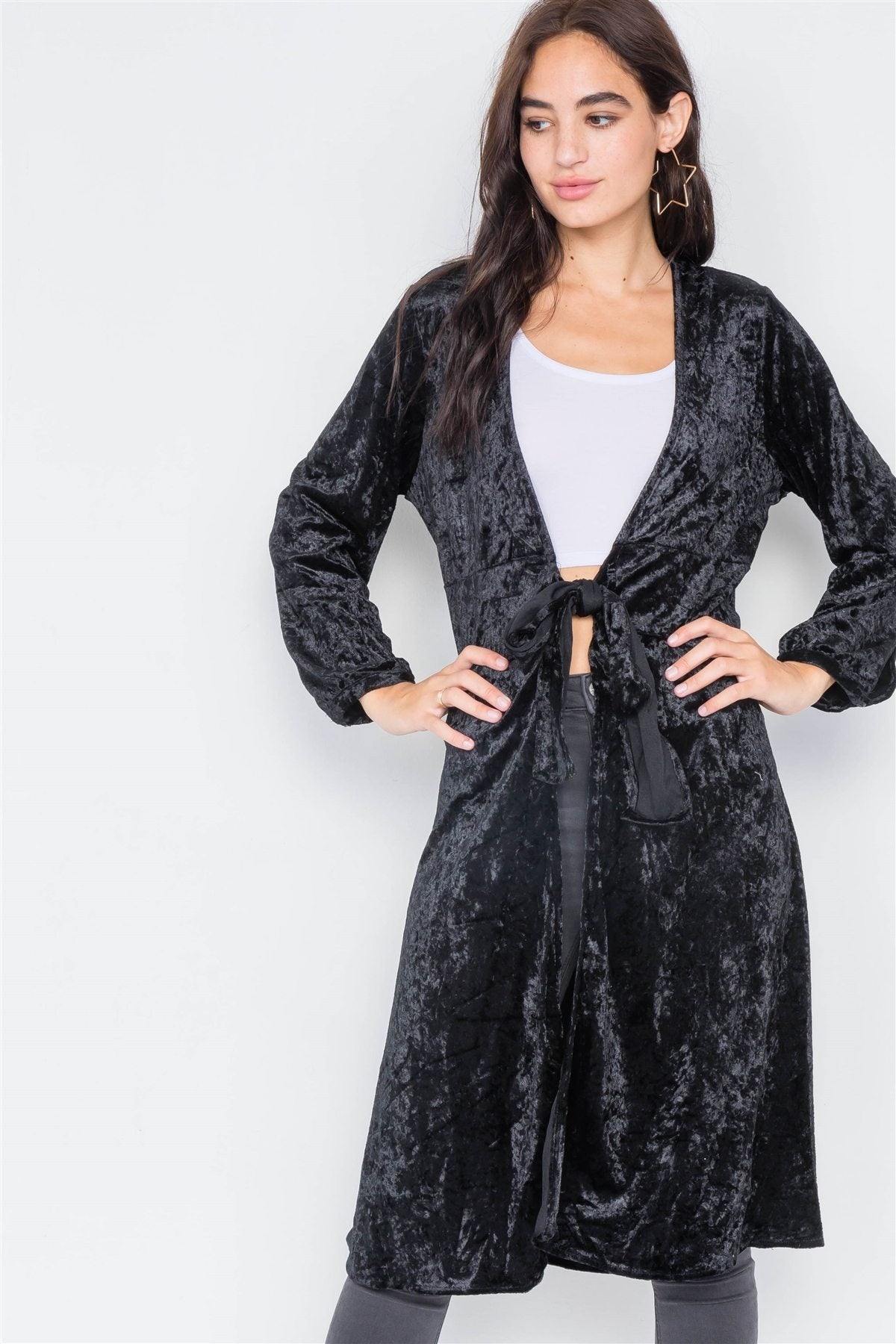 Crushed Velvet Open Front Tie Jacket Look Up Deals