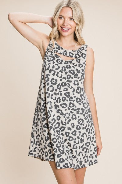 Cute Animal Print Cut Out Neckline Sleeveless Tunic Dress Look Up Deals